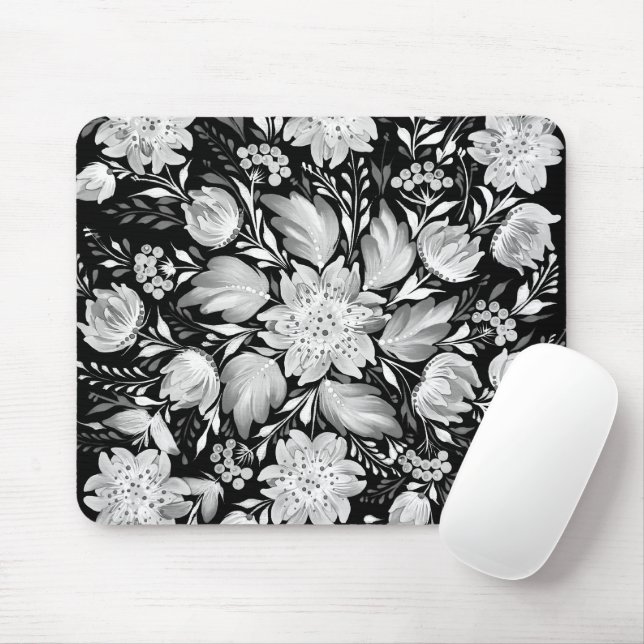Tapis de souris d'art folklorique noir et blanc mo (Avec souris)