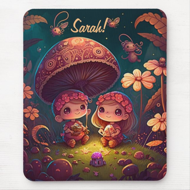 Tapis De Souris De beaux elfes mignons jouent sous les champignons (Devant)