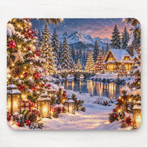 Tapis de souris de cabane de montagne de Noël