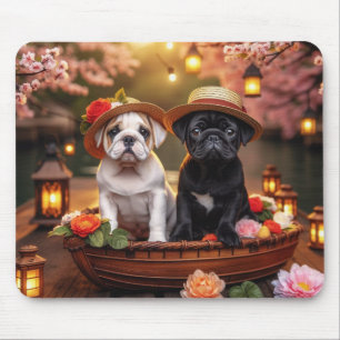 Tapis de souris de chiots Bulldog et Pug dans un b