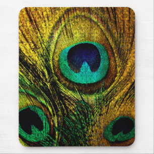 Tapis de souris de motif de plume de paon d'or
