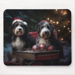 Tapis De Souris Décor de Noël Bernedoodle Snowy Sleigh