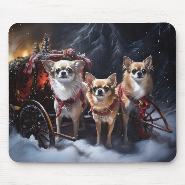 Tapis De Souris Décor de Noël Chihuahua Snowy Sleigh (Devant)