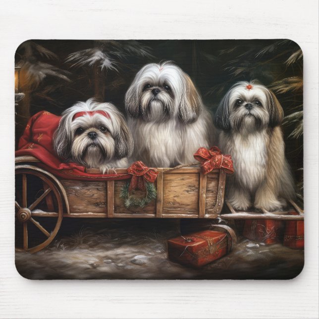 Tapis De Souris Décor de Noël Lhasa Apso Snowy Sleigh (Devant)