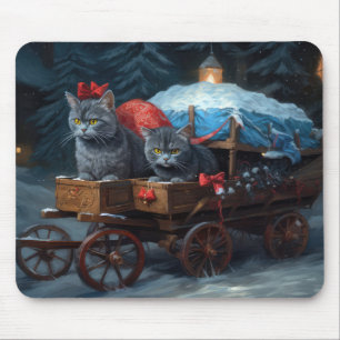 Tapis De Souris Décor de Noël Oriental Blue Cat Snowy Sleigh