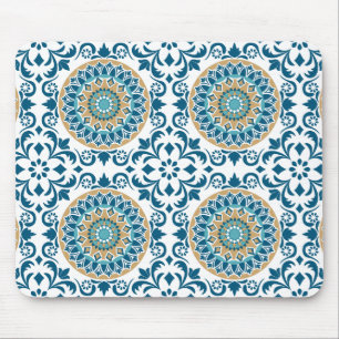 Tapis De Souris Décoratif Vintage Oriental Bleu, Marron & Blanc