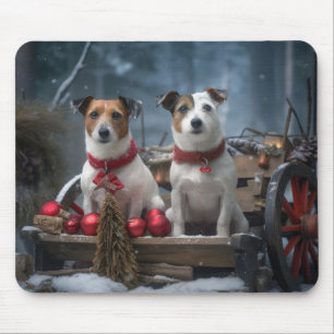 Tapis De Souris Décoration de Noël de traîneau enneigé Jack Russel
