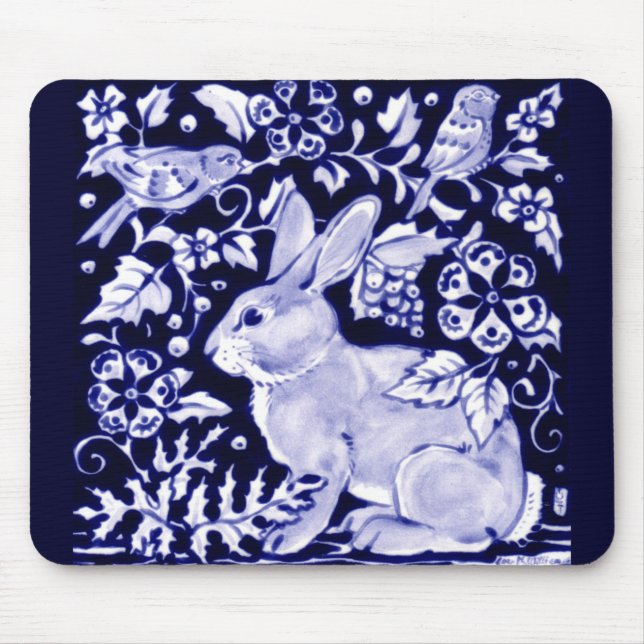 Tapis De Souris Dedham Blue Rabbit, Classic Blue & White Design (Devant)