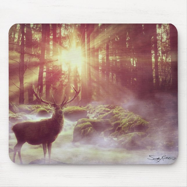 Tapis De Souris Deer mâle dans Misty Woods au lever du soleil Heur (Devant)