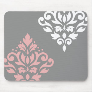 Tapis De Souris Défiler Damask Art I rose blanc gris