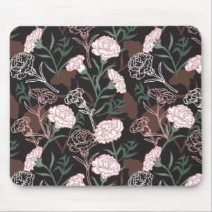 Tapis De Souris Délicates oeillets roses avec fleurs Feuilles vert