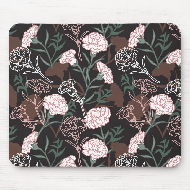 Tapis De Souris Délicates oeillets roses avec fleurs Feuilles vert (Devant)