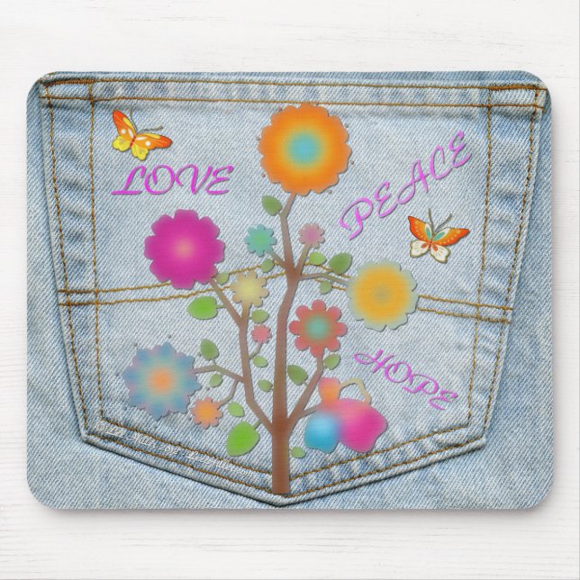 Tapis De Souris Denim Back Fleurs de poche Paix Aimer Espoir (Devant)
