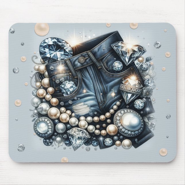Tapis De Souris Denim Diamants & Perles Jeans Bling (Devant)