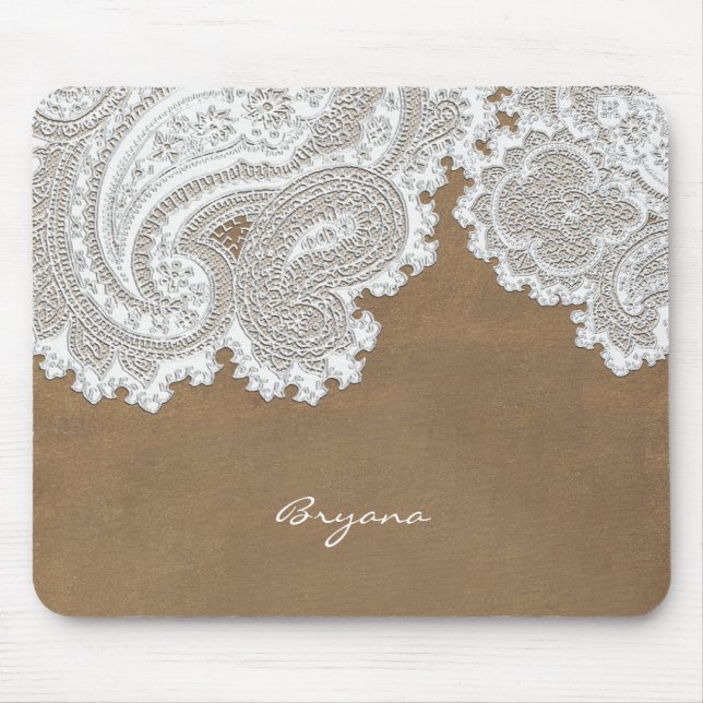 Tapis De Souris Dentelle blanche et marron rustique chic élégant c (Devant)