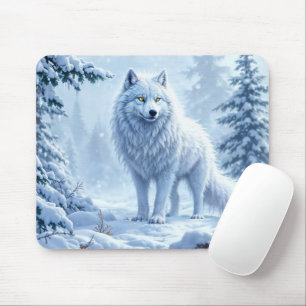 Tapis De Souris Design du paysage hivernal du loup blanc arctique