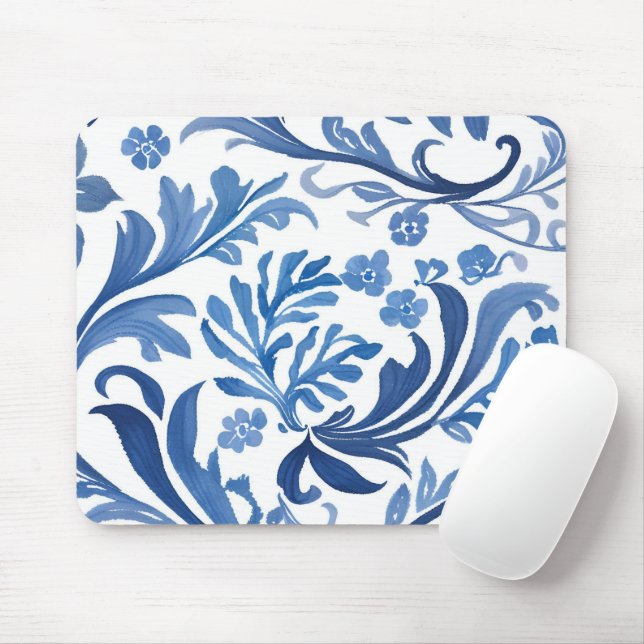 Tapis De Souris Design floral bleu et blanc | Chinoiserie Motif (Avec souris)