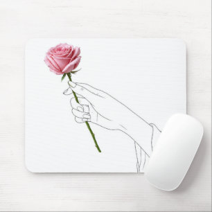 Tapis De Souris Dessin au trait Main tenant une rose rose