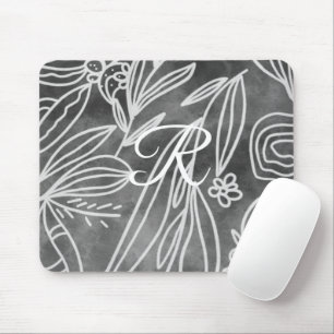 Tapis De Souris Dessin élégant de feuilles à monogramme noir et bl