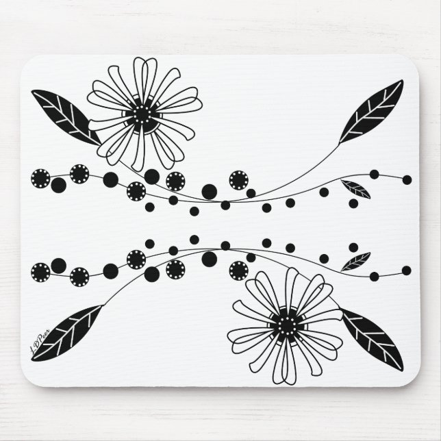 Tapis De Souris Dessin floral noir et blanc fluide (Devant)