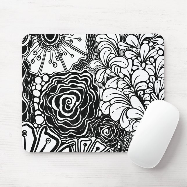 Tapis De Souris Dessin Floral Zen Noir Et Blanc (Avec souris)