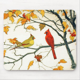 Tapis De Souris Dessin japonais vintage, Cardinaux sur une branche