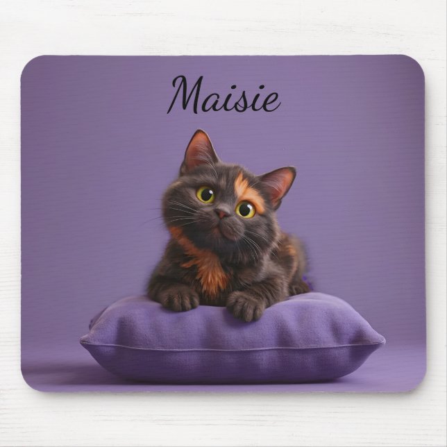 Tapis De Souris Dessin Tortoiseshell Kitten sur coussin pourpre (Devant)