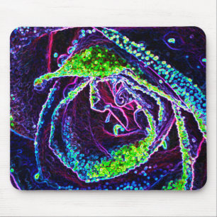 Tapis De Souris Détail de rose graphique noir blanc bleu et vert