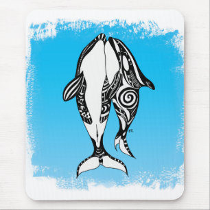Tapis De Souris Deux Baleines Orca bleu Tribal Brossé