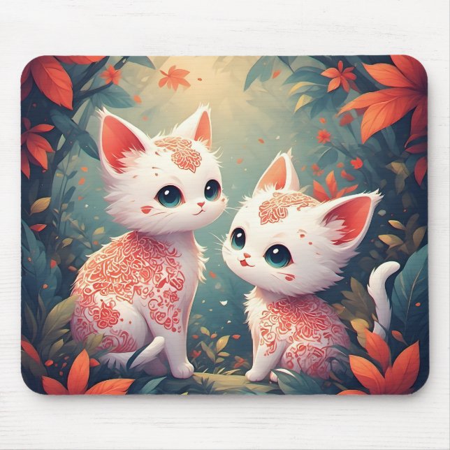 Tapis De Souris Deux chatons blancs dans une forêt magique (Devant)
