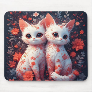 Tapis De Souris Deux chatons blancs et fleurs