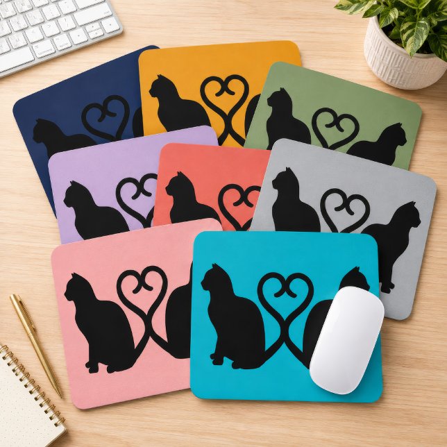 Tapis De Souris Deux Chats Queue en Forme de Coeur Silhouette Coul (Custom color two-cats mouse pad with heart tails, a sweet desk gift for cat lovers.)