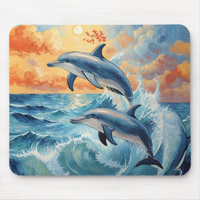 Tapis De Souris Deux dauphins de saut artistique Coucher de soleil (Devant)