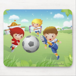 Tapis De Souris Deux filles et un garçon jouant au football