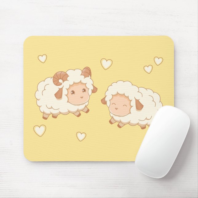 Tapis De Souris Deux mignonnes Petites Ewe de bélier sur Jaune (Avec souris)