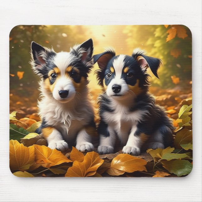 Tapis De Souris Deux mignons chiots qui jouent dans les feuilles d (Devant)