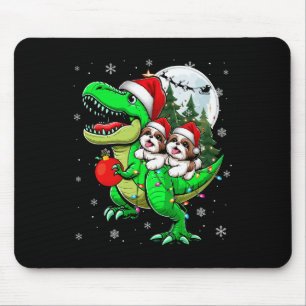 Tapis De Souris Deux Shih Tzus de Noël chevauchant un T-rex amoure