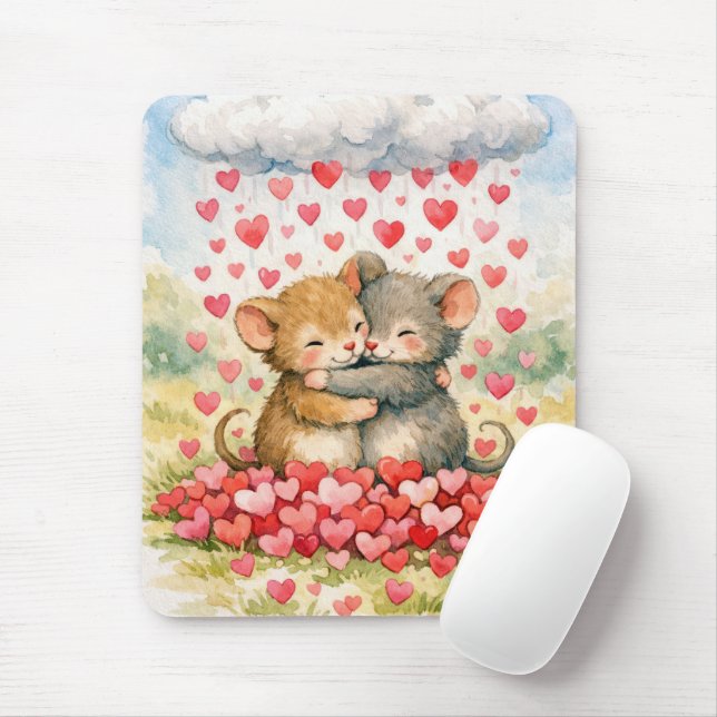 Tapis De Souris Deux souris sous un nuage de cœurs (Avec souris)