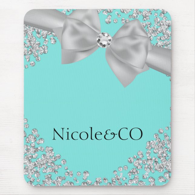Tapis De Souris Diamants Personnalisés Glam Bleu Gros Nœud Blanc (Devant)
