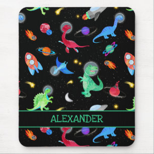 Tapis De Souris Dinoastronautes à l'aquarelle dans l'espace noir