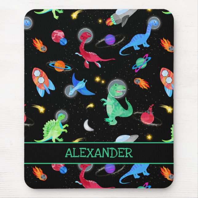 Tapis De Souris Dinoastronautes à l'aquarelle dans l'espace noir (Devant)