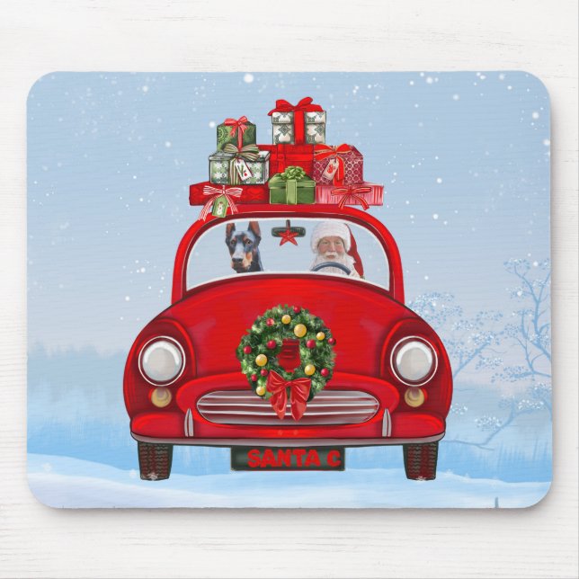 Tapis De Souris Doberman Chien En Voiture Avec Le Père Noël (Devant)