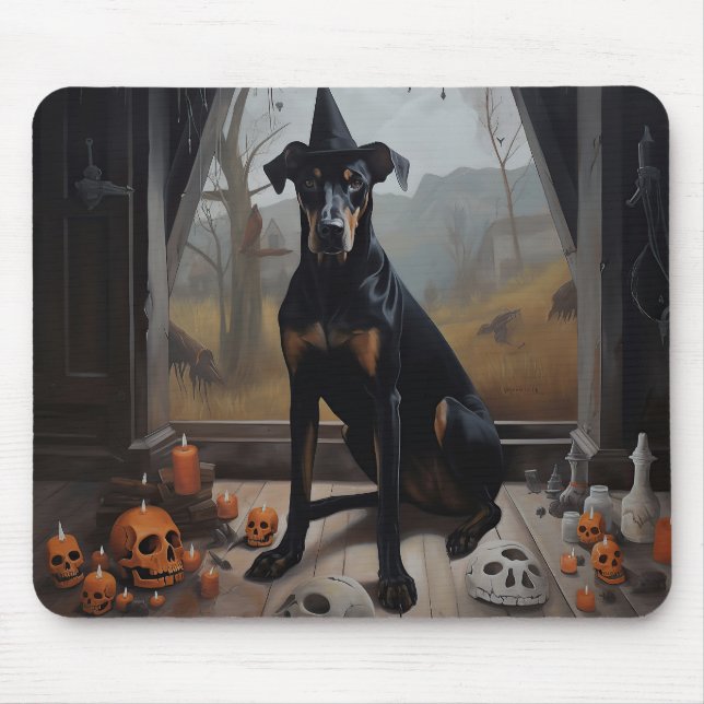 Tapis De Souris Doberman Citrouilles Halloween Épouvantable (Devant)