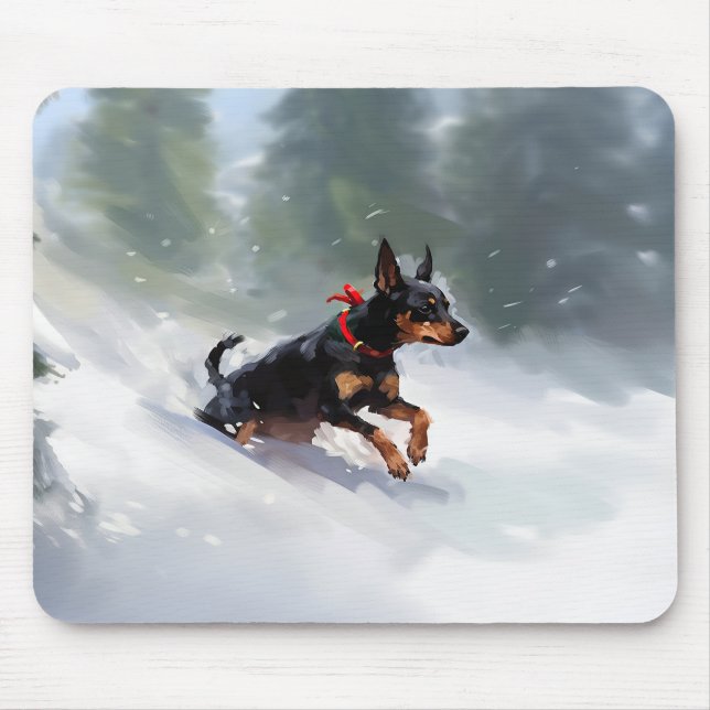 Tapis De Souris Doberman Pinscher Noël neige hiver (Devant)