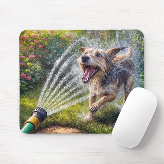 Tapis De Souris Dog In Garden Hose Spray d'eau (Avec souris)