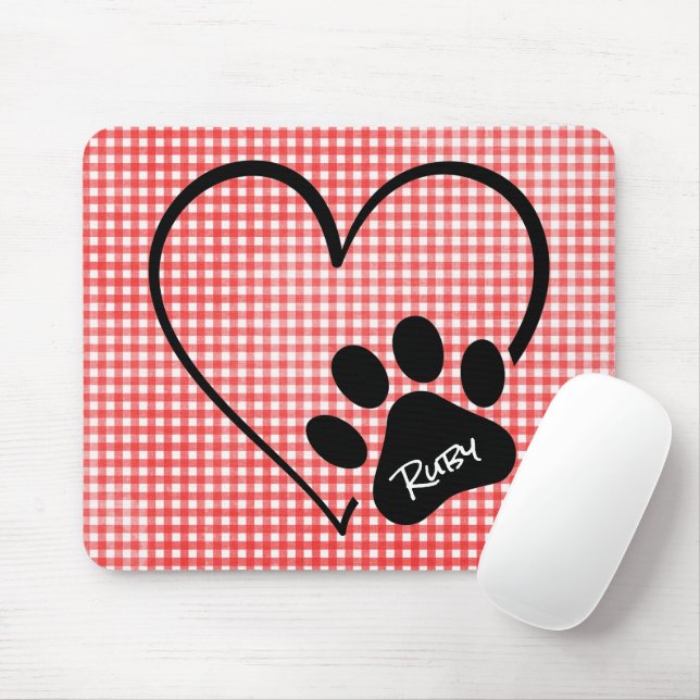 Tapis De Souris Dog Paw Print and Heart on Gingham (Avec souris)