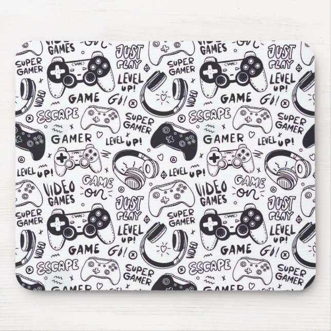 Tapis de souris doodle de jeu vidéo monochrome  (Devant)