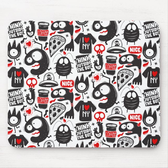Tapis de souris Doodles de monstre noir et rouge f (Devant)