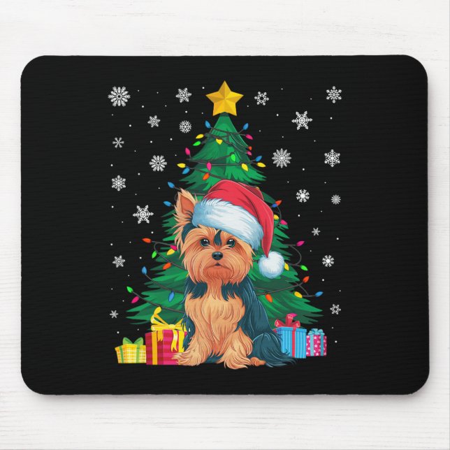 Tapis De Souris Doux moche sapin de Noël éclaire Yorkie Chien Sant (Devant)