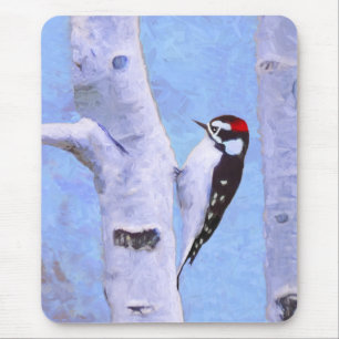 Tapis De Souris Downy Woodpecker Painting - Original Bird Art